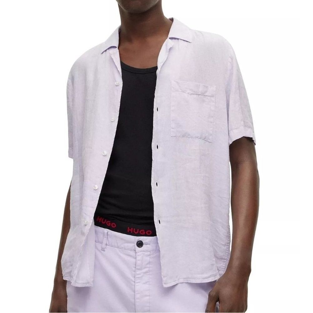 HUGO BOSS Button Up Shirt Mens Large Purple Linen Pocket ELLINO $118